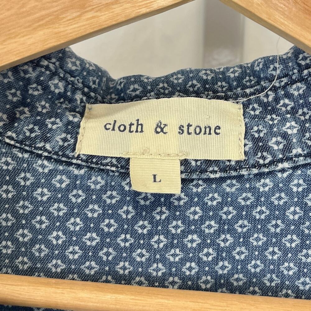 CLOTH & STONE Geometric Print Button Down Tunic Top Belted Tencel Denim Blue L - Picture 3 of 10